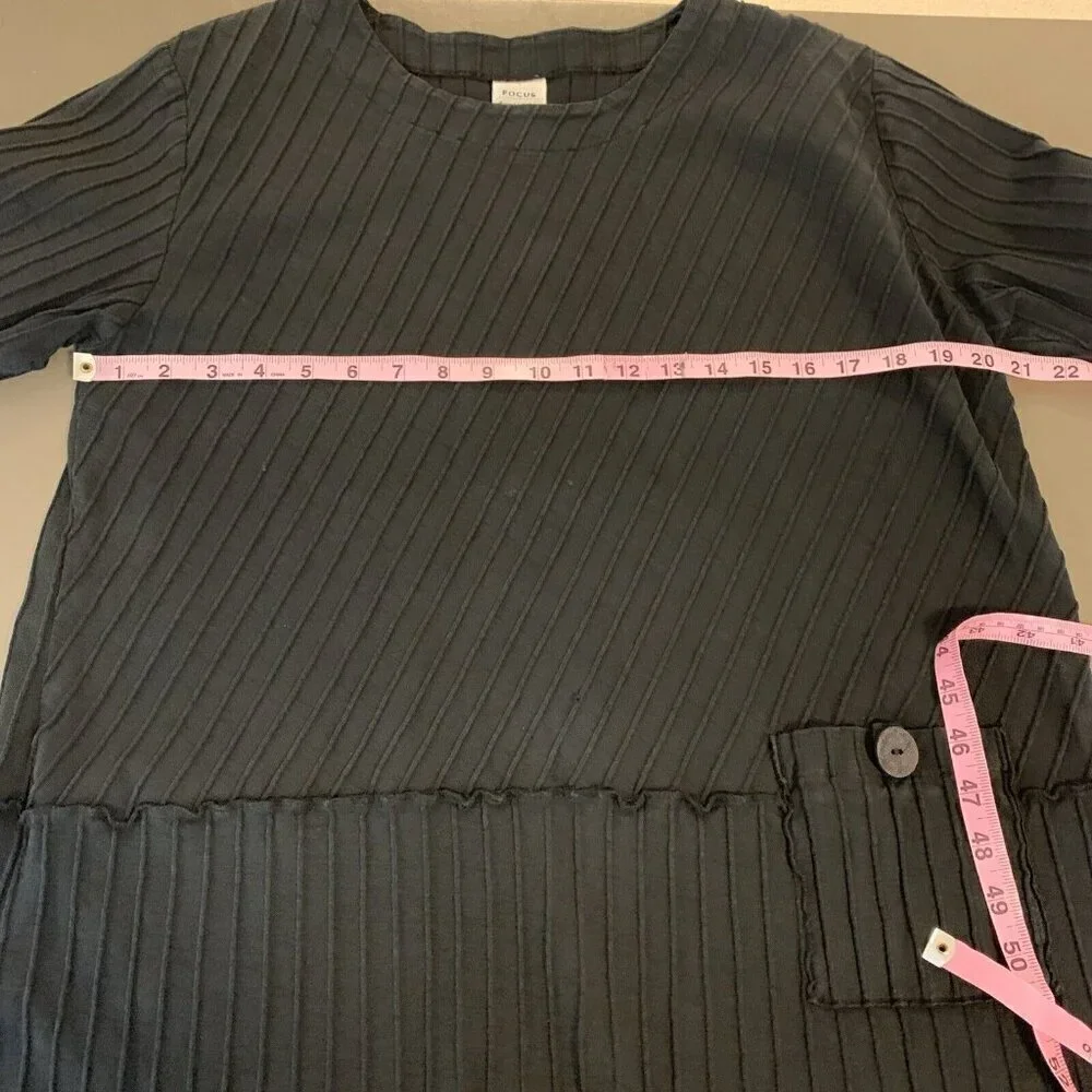 Focus Casual Life 3/4 Sleeve Tunic Top Black Knit Pocket Lagenlook Womens S